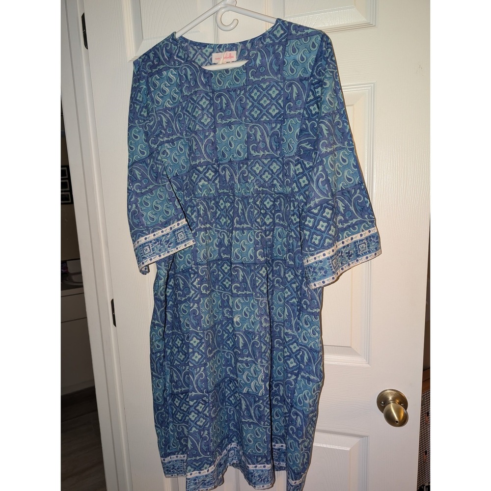 Mary Marshmallow Blue Block Print Empire Waist Midi Dress Large Bohemian Paisley - Picture 2 of 4